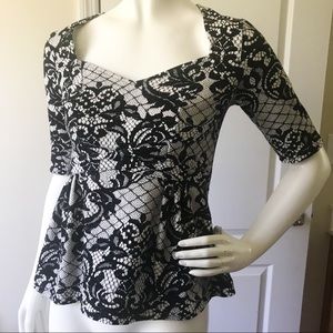 Anthropologie Black White Floral Lattice Top S